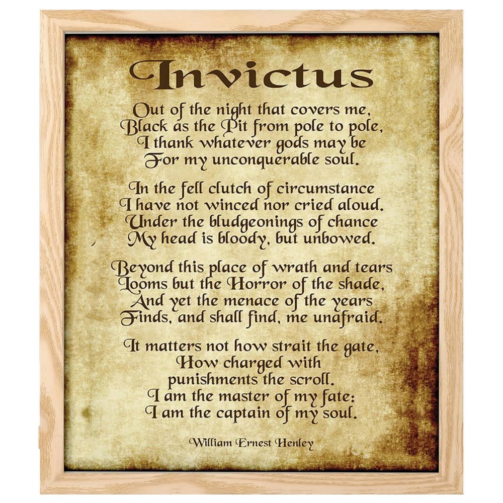 Invictus Poem Wall Art by William Ernest Henley Inspirational Poster Print on Distressed Parchment, Motivational Home Decor for Living Room & Office (Natural Oak Framed, 11 x 14 inches)