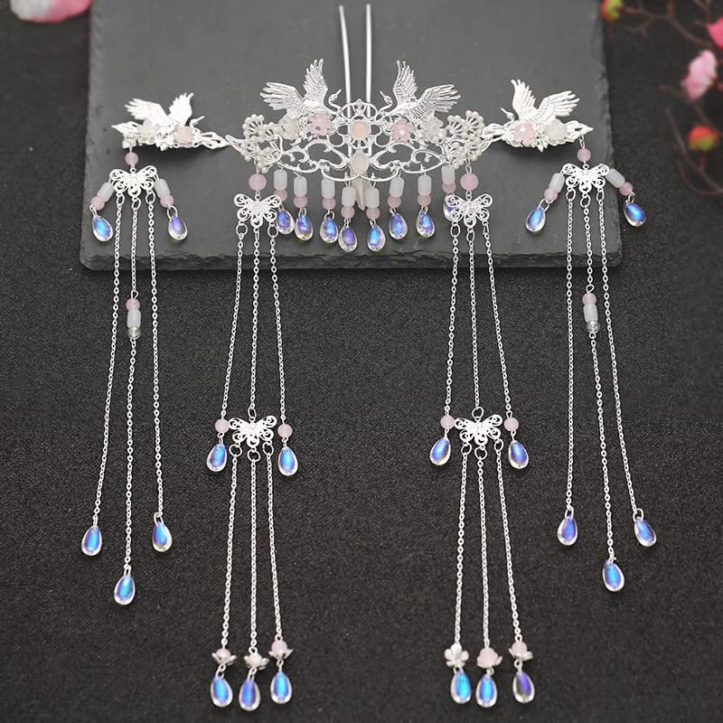 Ancient Costume Hanfu Accessories Headdress Crane Suit Hairdress Tassel Antiquity Cosplay Wedding Performance Headpieces