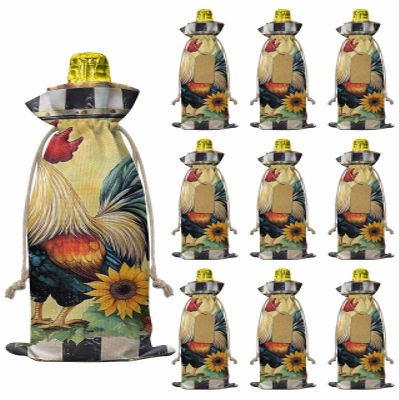 10pcs Linen Burlap Wine Bags with Drawstring Vintage Rooster Wine Gift Bag with Tags Reusable Wines Bottle Gift Bags for Christmas Birthday Tasting Party Farmhouse Sunflower Animals Watercolor