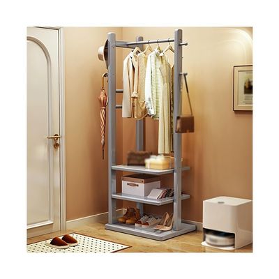 AEYSD-456 Adjustable Garment Rack Solid Wood Coat Rack Floor-Standing Hanger Entrance Small Apartment Space-Saving Multi-Layer Rack Bedroom Clothes Storage Rack Standing Hanger(Gris,Small)