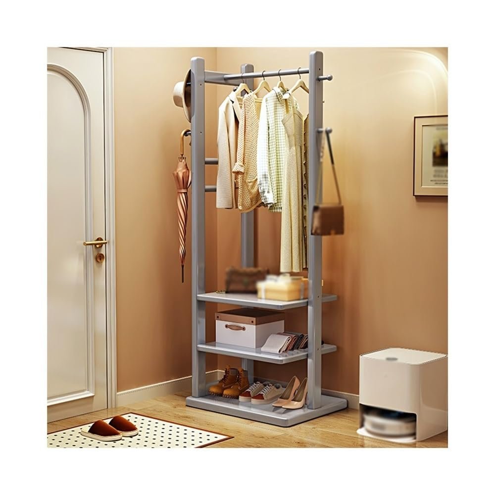 AEYSD-456 Adjustable Garment Rack Solid Wood Coat Rack Floor-Standing Hanger Entrance Small Apartment Space-Saving Multi-Layer Rack Bedroom Clothes Storage Rack Standing Hanger(Gris,Small)