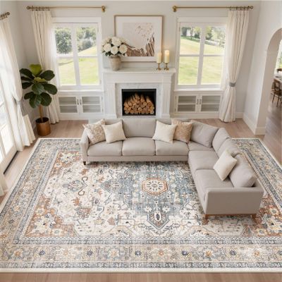 12x15 Area Rug Living Room: Washable Boho Large Neutral Vintage Soft Rugs Stain Resistant Distressed Farmhouse Non-Slip Indoor Floor Carpet for Bedroom Nursery Kids Office Dining Room- Beige Blue