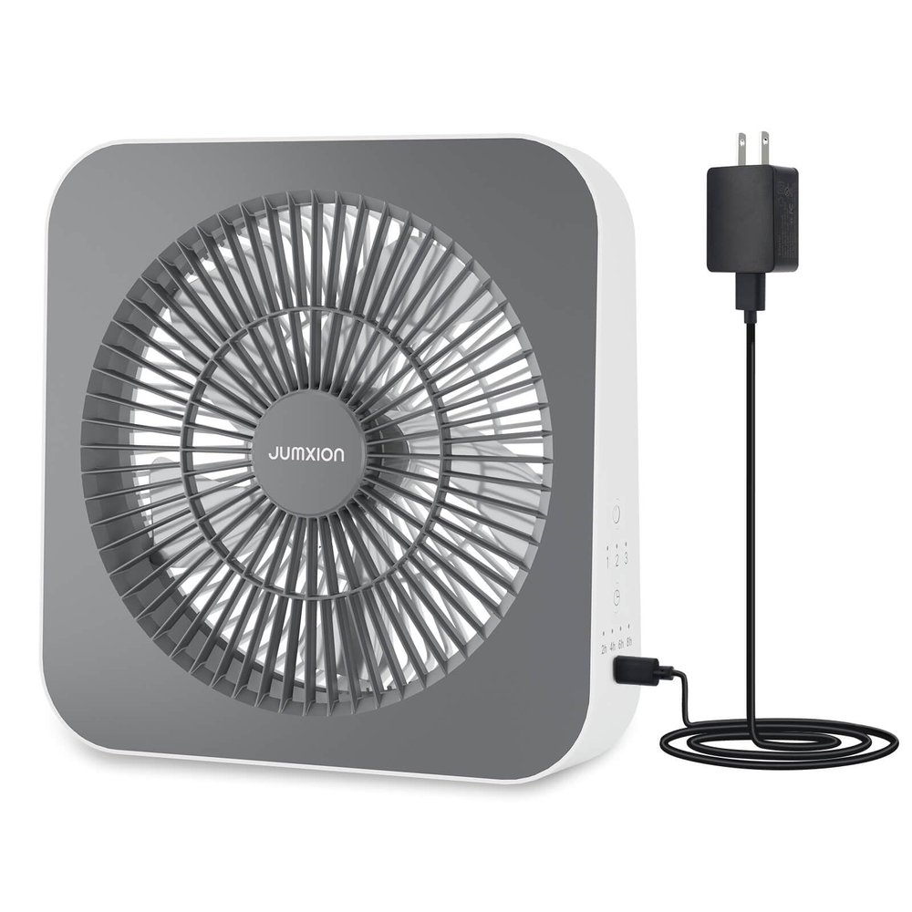 JUMXION Small Box Fan, Window Fan with 3 Speeds & 8HRS Timer, Powerful Air Circulator Table Fan Powered by DC Adapter, 10 inch Square Desk Fan for Bedroom Office Kitchen Home Apartment
