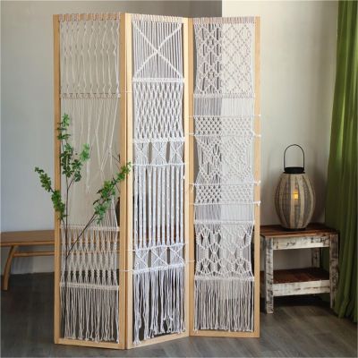 3 Panels Foldable Room Dividers Bohemian Hand-Woven Solid Wood Screen Photo Decorative Screen Freestanding Folding Privacy Screens for Home Office,Living Room