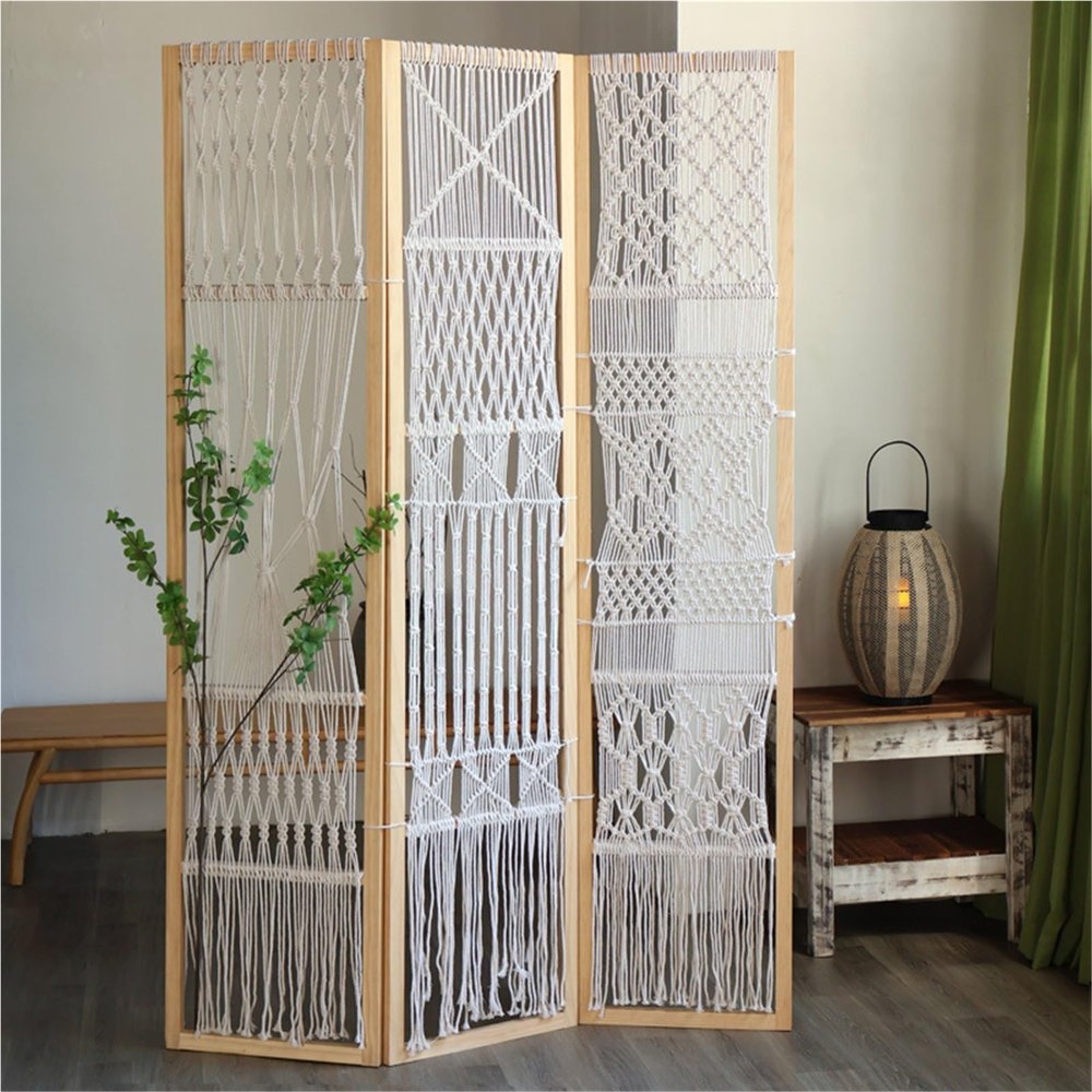 3 Panels Foldable Room Dividers Bohemian Hand-Woven Solid Wood Screen Photo Decorative Screen Freestanding Folding Privacy Screens for Home Office,Living Room
