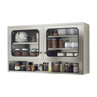 LVLDAWA Stainless Steel Wall Cabinet, Wall Mounted Kitchen Storage Cabinet, Double Glass Door Storage Shelf with Adjustable Shelves for Garage Office Kitchen(100x30x70cm)
