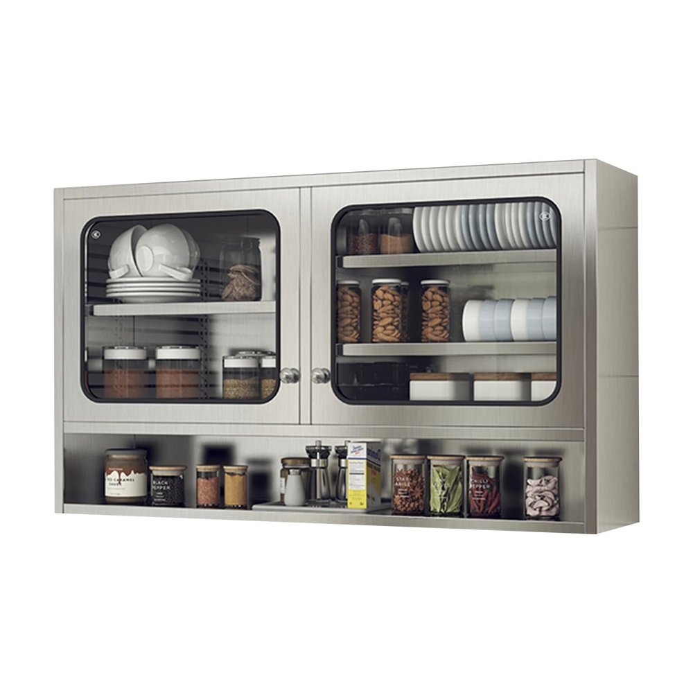 LVLDAWA Stainless Steel Wall Cabinet, Wall Mounted Kitchen Storage Cabinet, Double Glass Door Storage Shelf with Adjustable Shelves for Garage Office Kitchen(100x30x70cm)