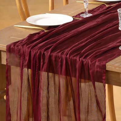 Loopiske Gauze Cheesecloth Table Runner Burgundy Red 12pcs Boho Rustic Sheer 35x120 Inch Cheese Cloth Table Runner 10FT for Anniversary Wedding Bridal Baby Shower Birthday Home Decor
