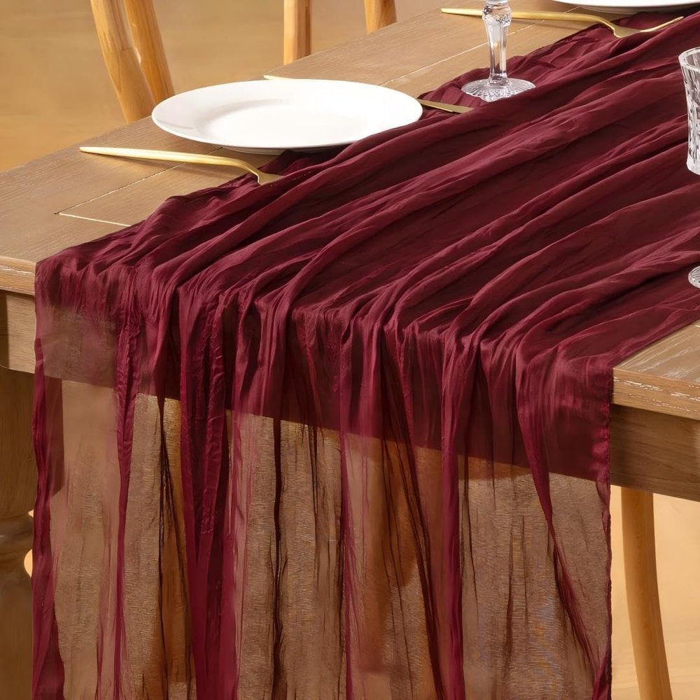 Loopiske Gauze Cheesecloth Table Runner Burgundy Red 12pcs Boho Rustic Sheer 35x120 Inch Cheese Cloth Table Runner 10FT for Anniversary Wedding Bridal Baby Shower Birthday Home Decor