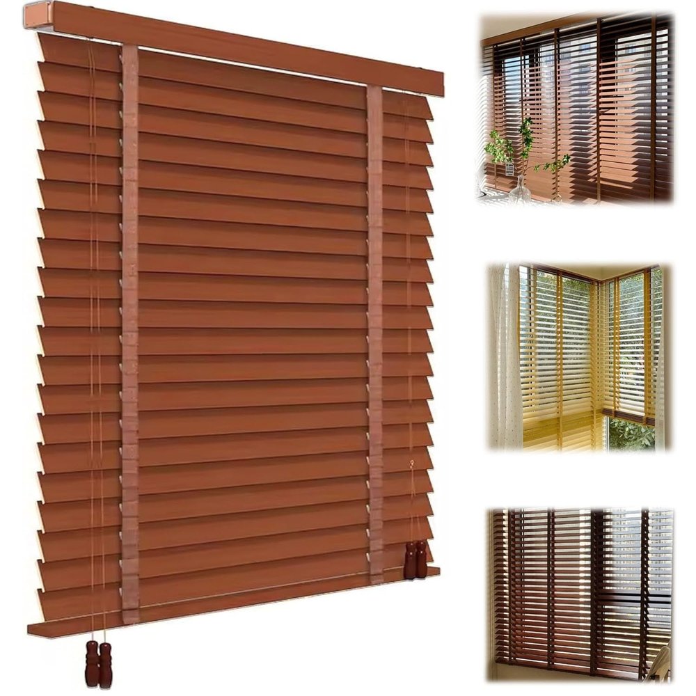 Cordless Wood Windows Blinds, Light Filtering Thermal Insulation Faux Wood Blinds for Indoor Windows Woodtone, Room Darkening Shades for Windows and Doors(Dark red-Brown)