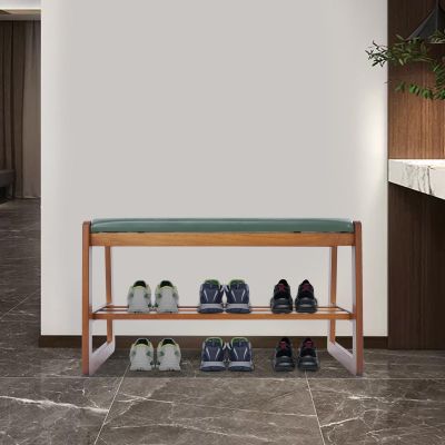 BAITGMYING Entryway Shoe Rack, Solid Wood Shoe Bench, Household Multi-Layer Shoe Storage Bench, Indoor Seating Bench with Padded Seat, for Living Room Bedroom Entryway (Nut-Brown + Green)