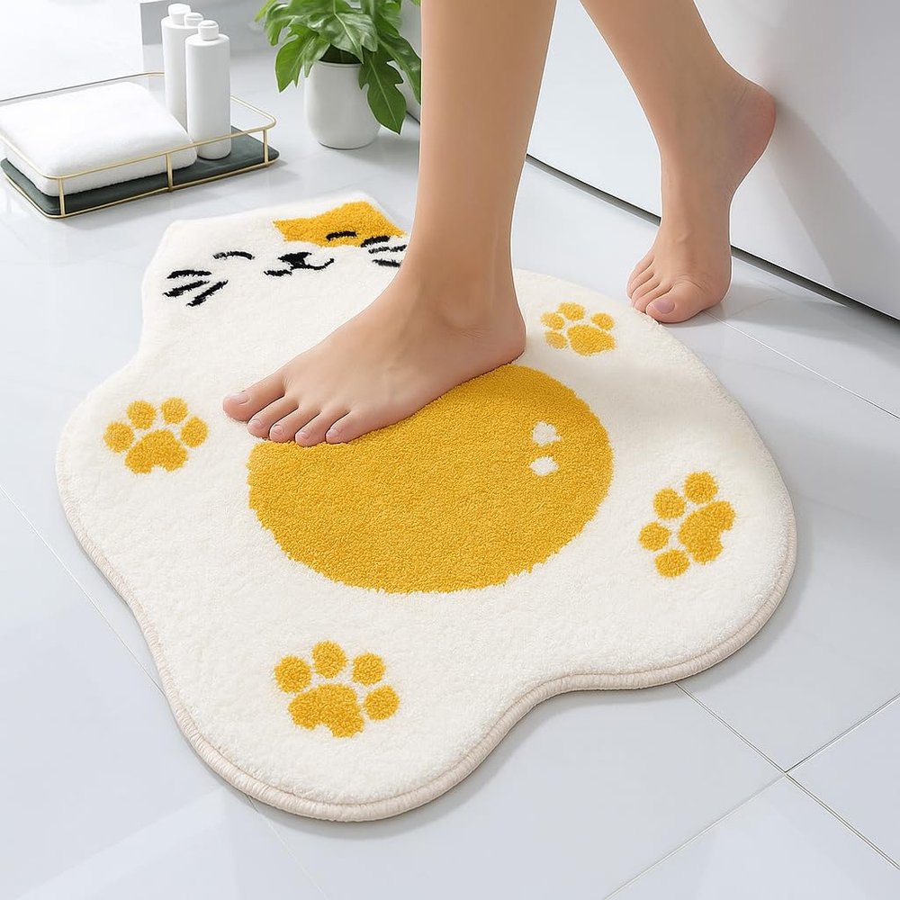 Ablecozy Adorable Cute Cat Bath Mat, Non Slip Egg-CAT Bathroom Rug, Absorbent Cute Palm Shaped Bathtub Rug Bathroom Plush Shower Rugs (21''*25'')