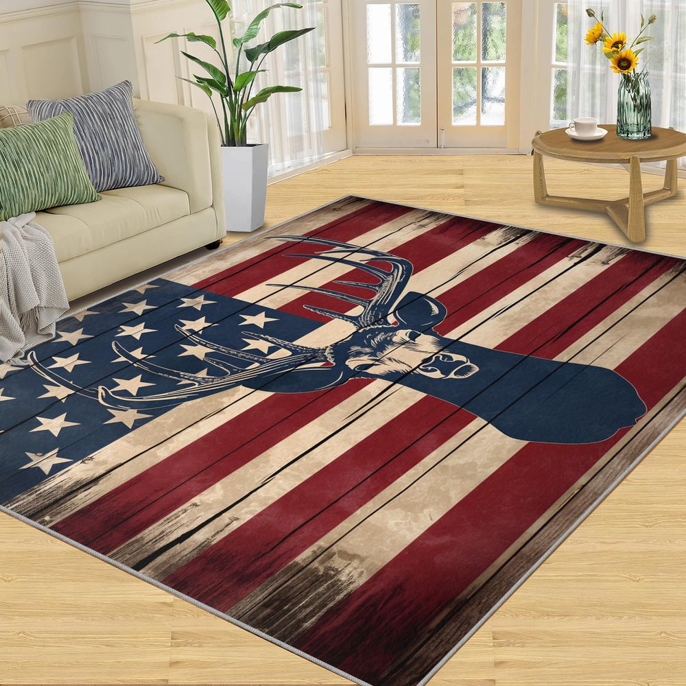 American Flag Carpet - Bathroom Rug 3x4 - Deer Head Rugs for Bedroom Wooden Board Floor Mat - Soft & Non Slip & Washable Rugs for Living Room - American Countryside Decor