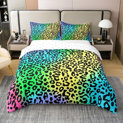 jejeloiu Colorful Leopard Duvet Cover 100% Cotton Full Size Cheetah Bedding Set for Kids Boys Girls Decor Rainbow Comforter Cover Breathable Soft Lightweight Bedroom Decor Bedclothes,No Comforter