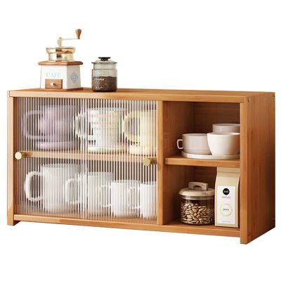 HUHJYUGE Bamboo Storage Cabinet, Cupboard Food Pantry Cabinet, with 2 Sliding Striped Glass Doors and Vintage Brass Tone Handles, for Spice Seasoning Bottles, Cups Storage Cabinet (B 67cm)