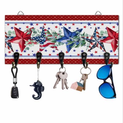 4th of July Star Key Holder Wall Mounted Key Hooks for wall Decorative, Keys Organizer Rack for Entryway, Front Door Kitchen Hallway Office, Eucalyptus Leaves Key Hanger with 5 Hooks, 9.4"x5"