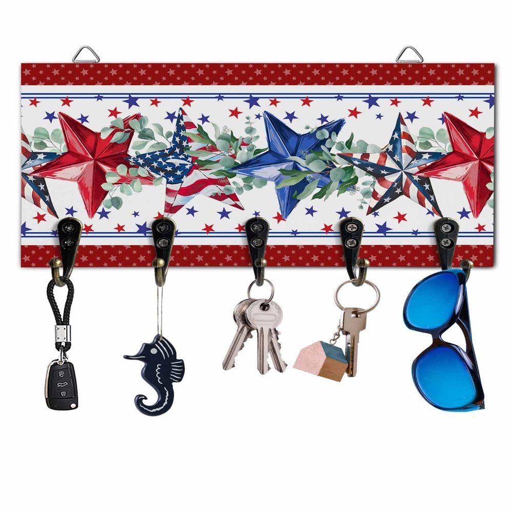4th of July Star Key Holder Wall Mounted Key Hooks for wall Decorative, Keys Organizer Rack for Entryway, Front Door Kitchen Hallway Office, Eucalyptus Leaves Key Hanger with 5 Hooks, 9.4"x5"