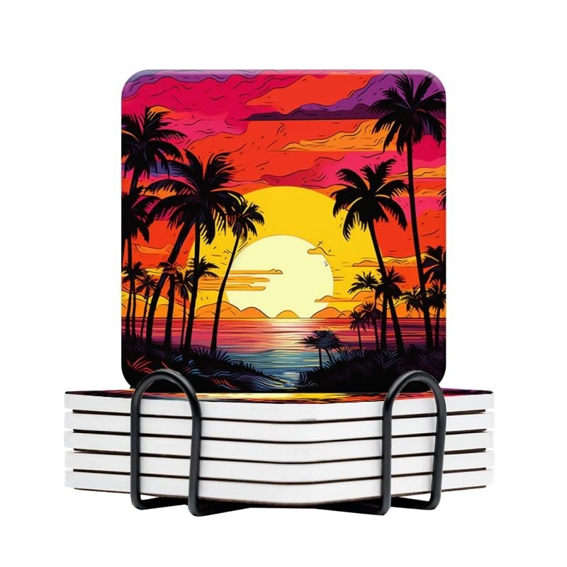 BaHomeck Drink Coasters Set of 6 with Holder,Sunset On The Beach with Palm Trees,Non-Slip Water Absorbent Ceramic Coasters Tabletop Protection,Suitable for Various Cup,Home Decor,4In