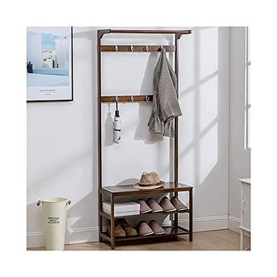 Floor-Standing Solid Wood Rotating Coat RackSolid Wood Hallway Coat Rack Shoe Bench Storage Orga Furniture with Freestanding Design for Living Room Entryway Wardrobe Storage Rustic Style Co