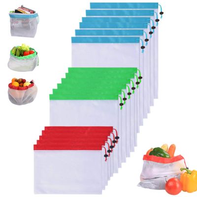 Mesh Produce Bags, 16PCS 3 Sizes Vegetable Storage Bags, Reusable Heavy Duty Mesh Bag with Drawstring, Washable for Fruits, Food, Grocery.