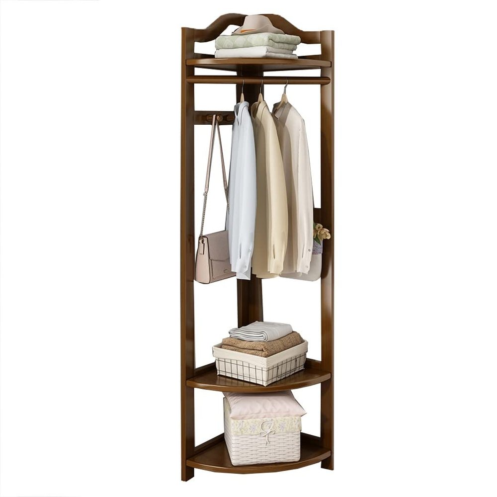 Floor-Standing Solid Wood Rotating Coat RackFreestanding Wood Entryway Corner Hall Tree with Shoe Storage Coat Rack Shelf and Stand for Office Brown