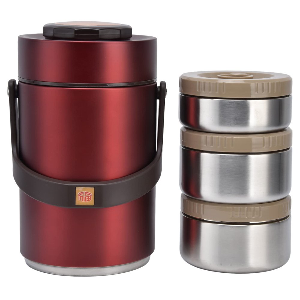 YedaHcy 2.3L Vacuum Lunch Box, 304 Stainless Steel, 3 Layer Leak Proof, Insulated Food Container, Thermal Box for Work Travel, Portable with Handle (Red)