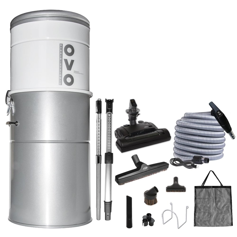 OVO 750 Airwatts Heavy Duty Powerful Central Vacuum System, Hybrid Filtration (with or Without Disposable Bags) 35L or 9.25Gal, with 30ft Carpet Deluxe Accessory kit Included