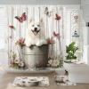 4PCS Spring Cute Samoyed Dog Shower Curtain Sets with Non-Slip Rug, U Shape and Toilet Lid Cover Mat, Rustic Flower Wood Home Bathroom Accessory Sets Decor, 72 x 72 Inch view 1