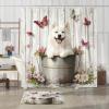 4PCS Spring Cute Samoyed Dog Shower Curtain Sets with Non-Slip Rug, U Shape and Toilet Lid Cover Mat, Rustic Flower Wood Home Bathroom Accessory Sets Decor, 72 x 72 Inch view 3