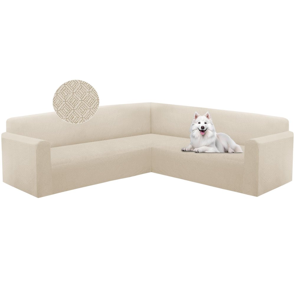 HDCAXKJ Sectional Couch Cover L Shape Stretch Sofa Covers Washable Jacquard Corner Couch Slipcover Non Slip Sectional Slip Cover U Shaped Furniture Protector for Pets Dogs (Light Beige, Small)