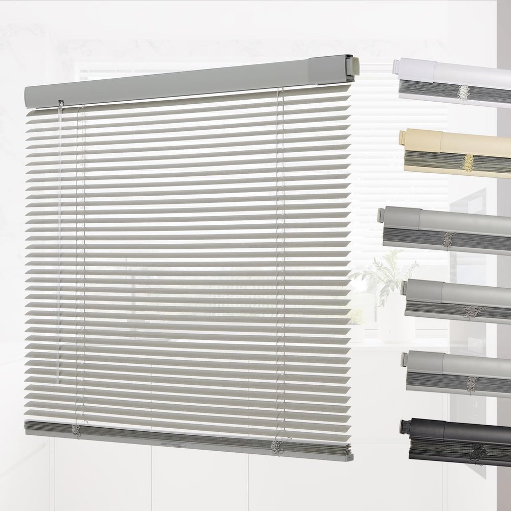 Persilux No Drill No Tools Cordless Mini Blinds 1" Aluminium Mini Blinds, Window Shades No Screws Venetian Horizontal Blackout Blinds for Windows, Living Room/Bedroom/Kitchen, Grey, 48" W x 64" H