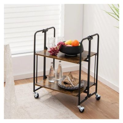LICONG-2019 Storage Trolley 2-Tier Folding Utility Car Kitchen Service Island,Storage Shelves,Space Saving Trolley for Kitchen,Hand Cart Furniture Storage Cart