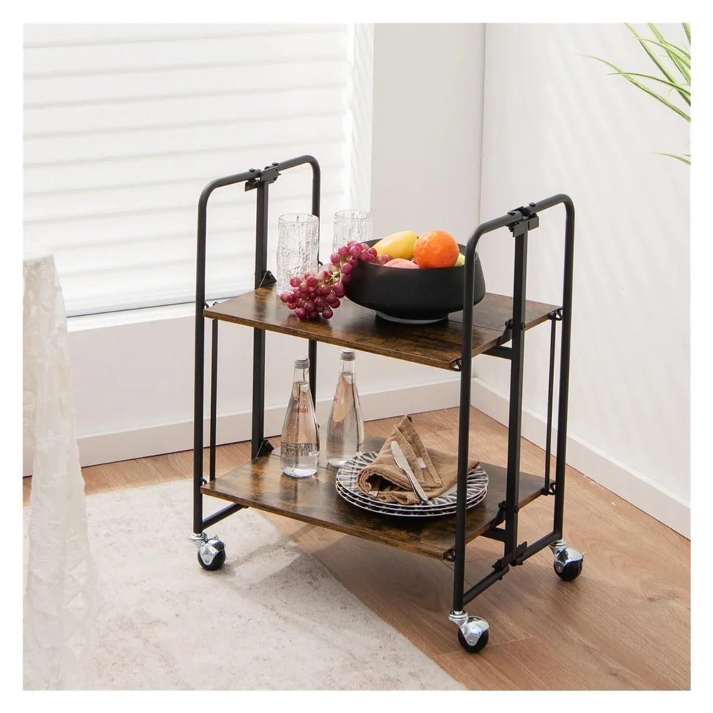 LICONG-2019 Storage Trolley 2-Tier Folding Utility Car Kitchen Service Island,Storage Shelves,Space Saving Trolley for Kitchen,Hand Cart Furniture Storage Cart
