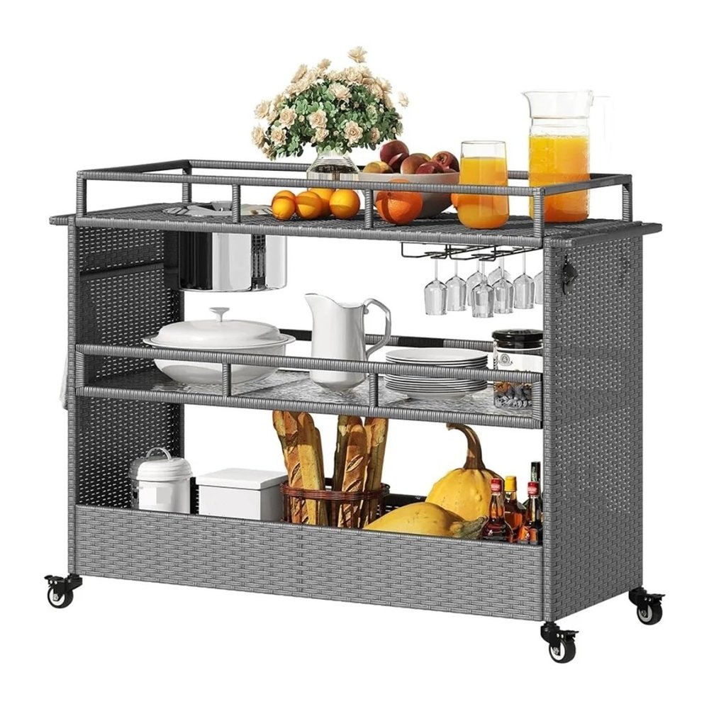 LICONG-2019 Storage Trolley Kitchen cart, Portable bar cart with Wheels, Rattan Counter Table with 2 Steel Shelves, Suitable for Terrace Kitchen Backyard Storage Cart