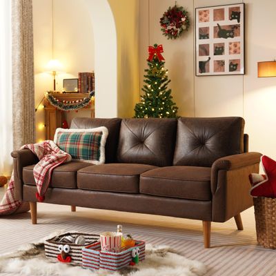 71.6" Faux Leather Couch,Dark Brown Suede Leather Sectional Couches with Comfy Cushions,Mid Century Modern Deep Seat Sofa, Luxury L Shaped Leather Couch 3-Seat Sofa for Living Room Office