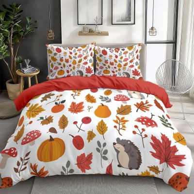 Duvet Cover Sets 3Pcs Autumn Leaves Fruit Hedgehog Comforter Cover with Zipper Orange Red Bedding Sets for Boys with 2 Pillow Shams,Twin Size 68x86 inch Bedroom Decor