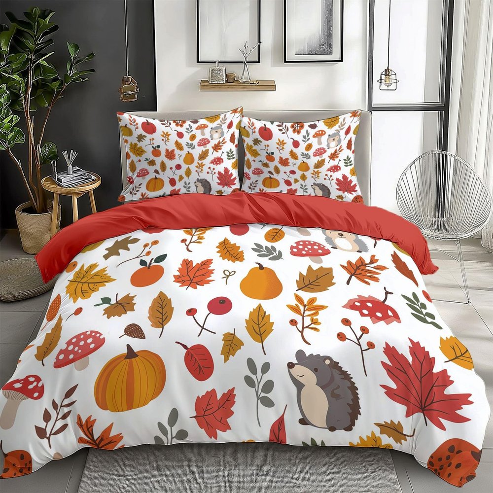 Duvet Cover Sets 3Pcs Autumn Leaves Fruit Hedgehog Comforter Cover with Zipper Orange Red Bedding Sets for Boys with 2 Pillow Shams,Twin Size 68x86 inch Bedroom Decor