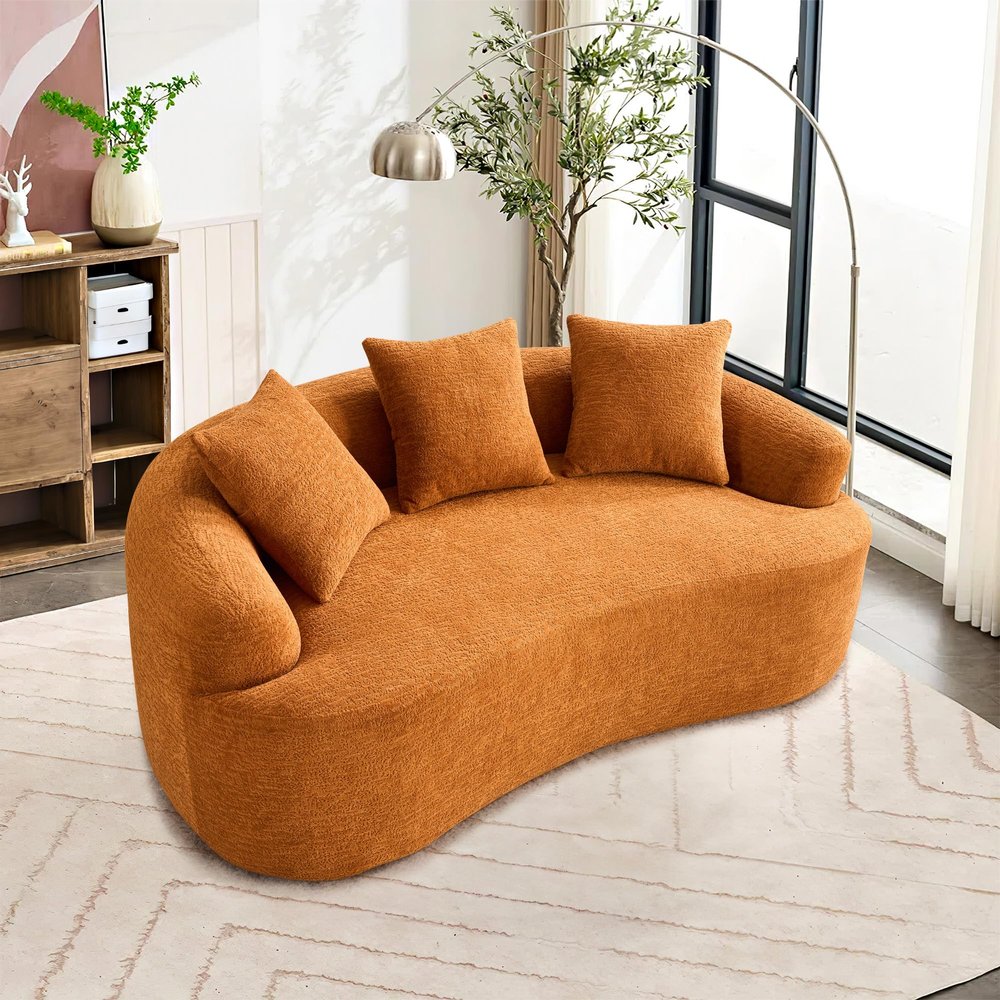 65'' Modern Curved Cloud Loveseat Sectional Sofa for Small Spaces, Luxury Plush Chenille Deep Seat Couch with 3 Pillows, No Assembly Needed Apartment Living Room Furniture, Orange