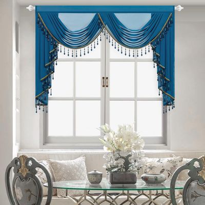 Leeva 59" Wide Cobalt Blue Waterfall Valance, 2 Swags Elegant Sheer Swag with Crystal Beads, Light Filtering Voile Curtain for French Doors & Bedroom, 1 Panel