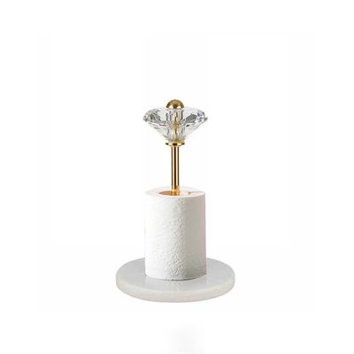 CatchDragon Brass Gold Free Standing Paper Towel Holder Countertop,Decorative Paper Towel Holder Stand with Marble Base and Crystal Ornament for Kitchen Bathroom (White Base/Crystal, Small-9.2inch)