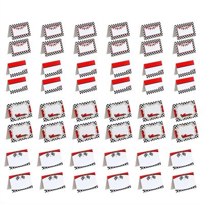 48pcs Race Car Food Labels Signs, Racing Car Table Place Cards, Folded Place Cards, Setting Blank Holiday Name Cards, Birthday Party First Lap Around The Track Birthday Decorations