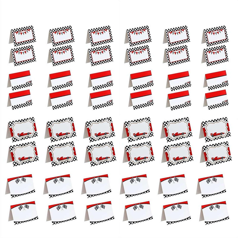 48pcs Race Car Food Labels Signs, Racing Car Table Place Cards, Folded Place Cards, Setting Blank Holiday Name Cards, Birthday Party First Lap Around The Track Birthday Decorations