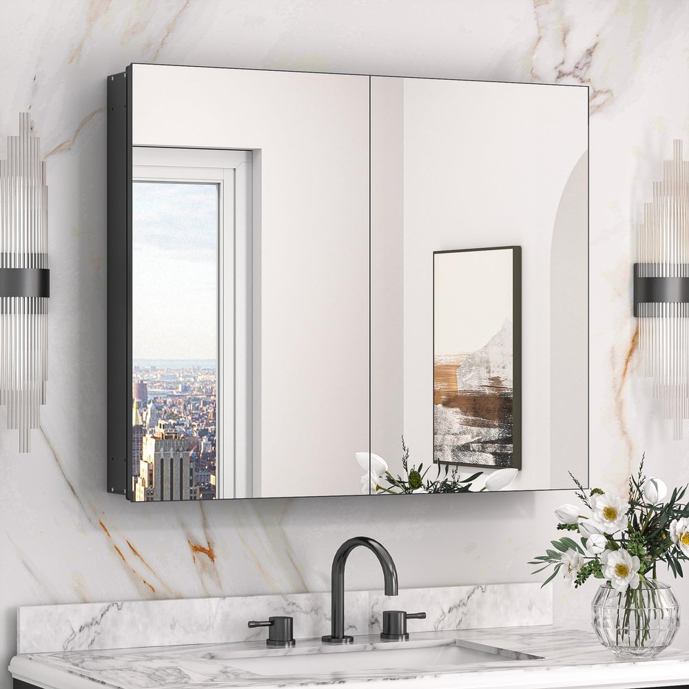 Keonjinn 30 x 26 Inch Black Medicine Cabinet, Bathroom Medicine Cabinet with Mirror, Lightweight Aluminum Structure, Assembly Required, in Wall or Wall Mount, Free Adjustable Shelves, Tempered Glass