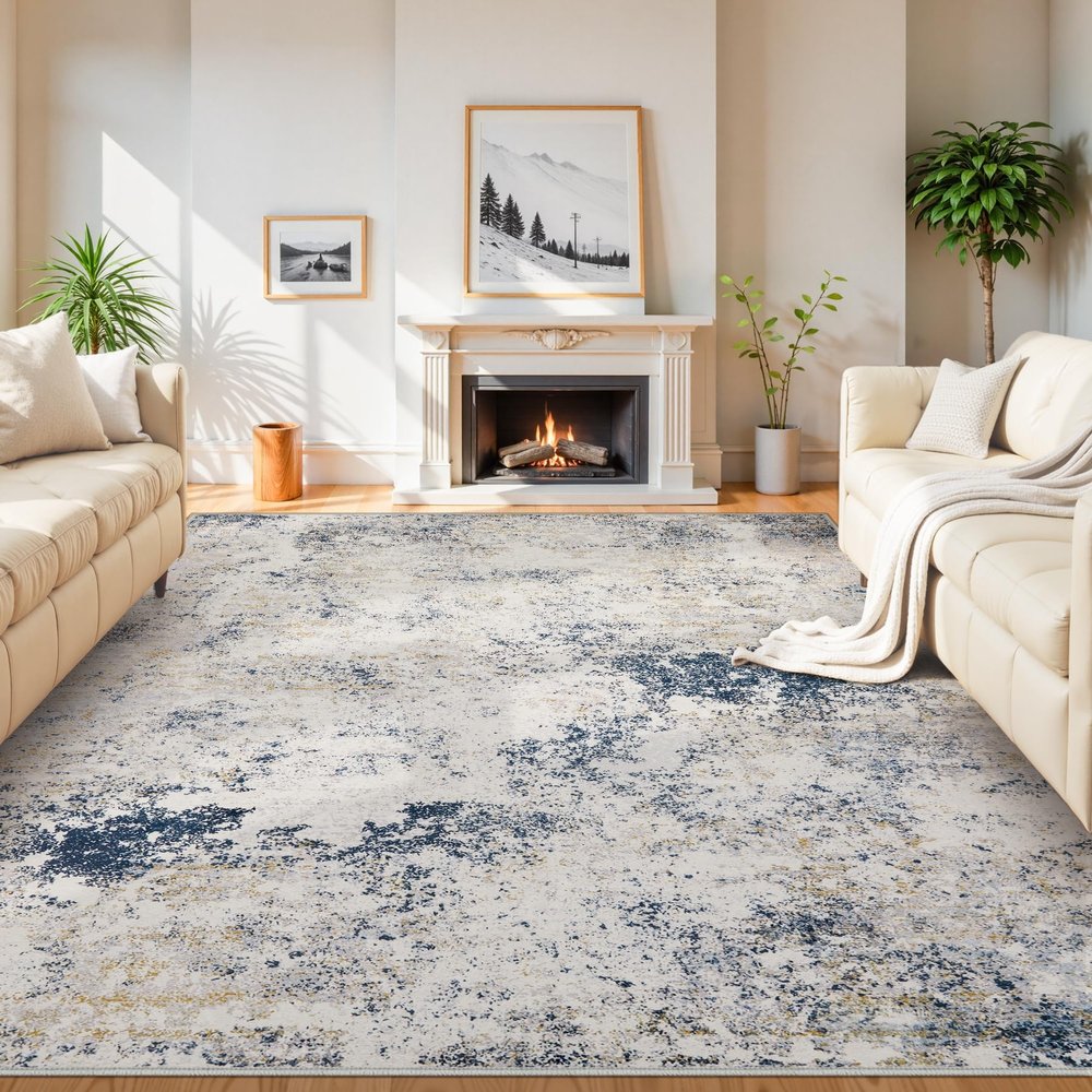 10x14 Washable Area Rugs - Modern Abstract Large Rugs for Living Room Non-Slip Low Pile Soft Machine Washable Carpet for Bedroom, Under Dining Table, Nursery, Farmhouse (10'x14' Beige Blue)