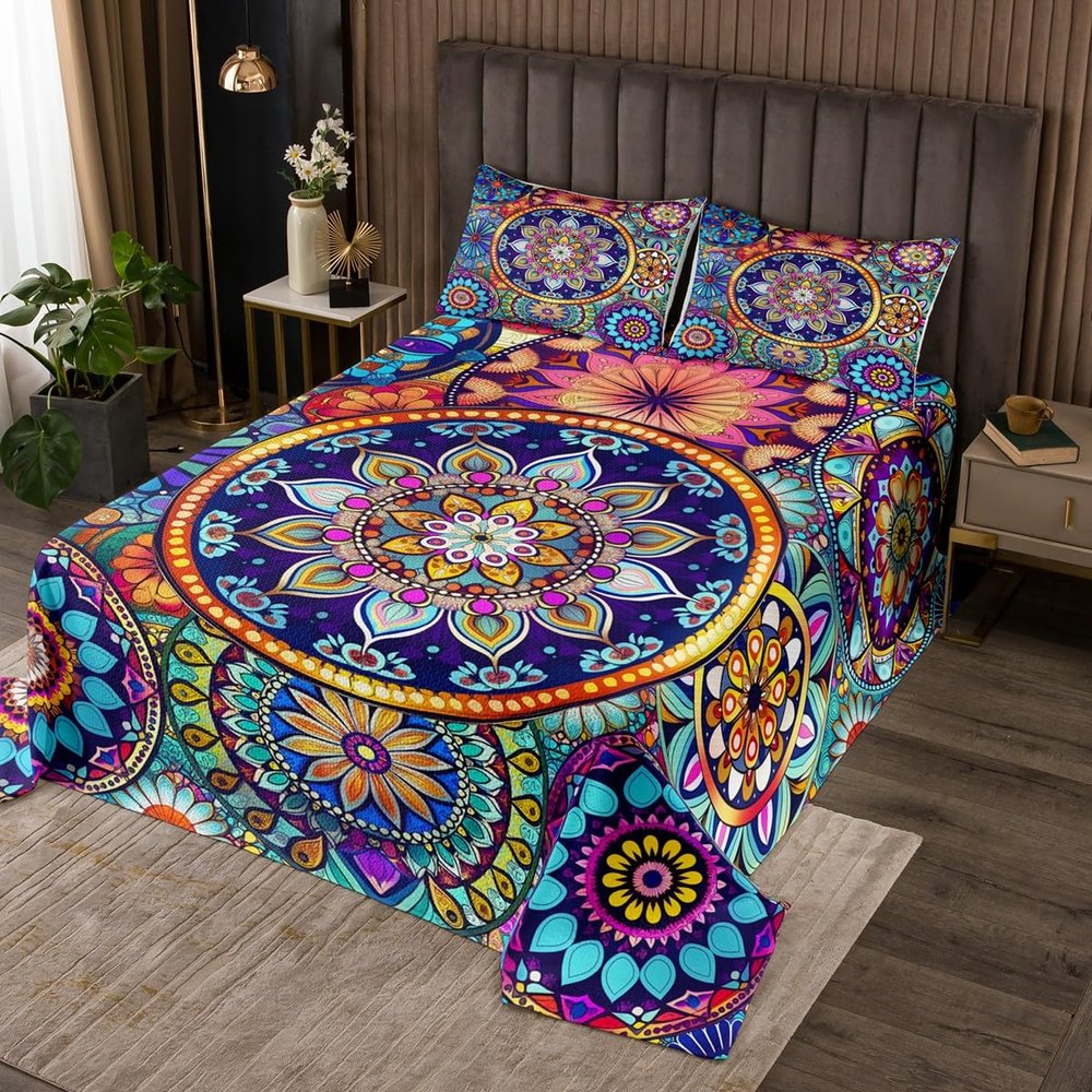 3 Piece Boho Mandala Quilt Bedding Sets Women Aldult Lightweight Bedding Blue Bohemian Bedspread Mandala Floral Coverlet Soft Microfiber Home Quilt Set for King Bed All Season