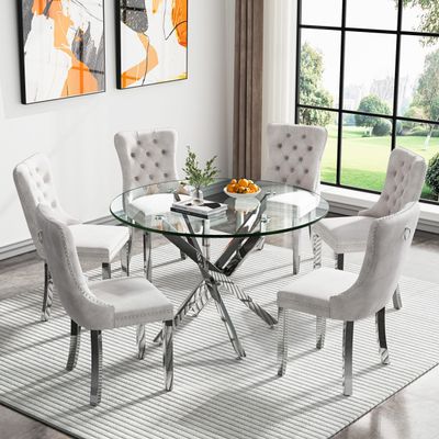 47.2" Modern Silver Glass Dining Room Table Set for 6, 7-Piece Round Kitchen Dining Table Set with Cross Metal Legs & 6 Beige Velvet Upholstered Chairs, Glass Kitchen Table and Chairs Set of 6