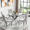 47.2" Modern Silver Glass Dining Room Table Set for 6, 7-Piece Round Kitchen Dining Table Set with Cross Metal Legs & 6 Beige Velvet Upholstered Chairs, Glass Kitchen Table and Chairs Set of 6 view 1