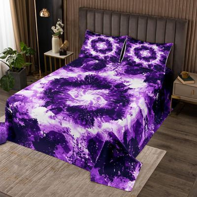 Purple Black Tie Dye Bedspread Set Queen Size for Kids,Boho Hippie Watercolor Quilt Set Abstract Tie Dye Coverlet Bohemian Exotic Bedspread 3 Piece Decorative Bedding Quilted with 2 Pillow Shams