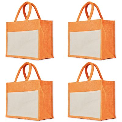 Jucobee Set of 4 Juco Tote Bags 9"x 12"x 6" Shopping, Travel, Beach Days, Weddings, Gifts Wine, Pink, Green, Orange (Orange)