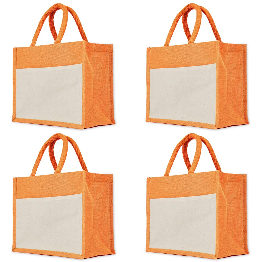 Jucobee Set of 4 Juco Tote Bags 9"x 12"x 6" Shopping, Travel, Beach Days, Weddings, Gifts Wine, Pink, Green, Orange (Orange)